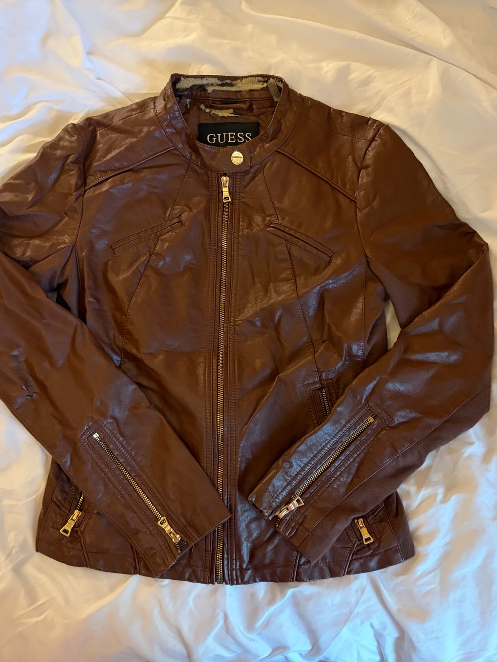 Vintage GUESS Brown Faux Leather Moto Jacket with Gold Hardware